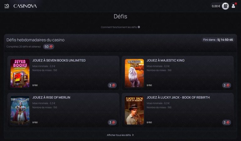 Casinova Casino défis hebdomadaire